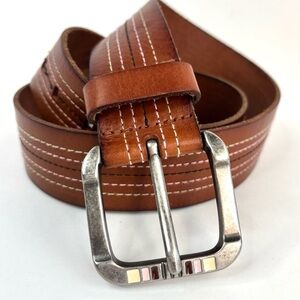 FOSSIL Brown Leather Belt Pink Cream Stitching Silver & Enamel Buckle Boho Y2K